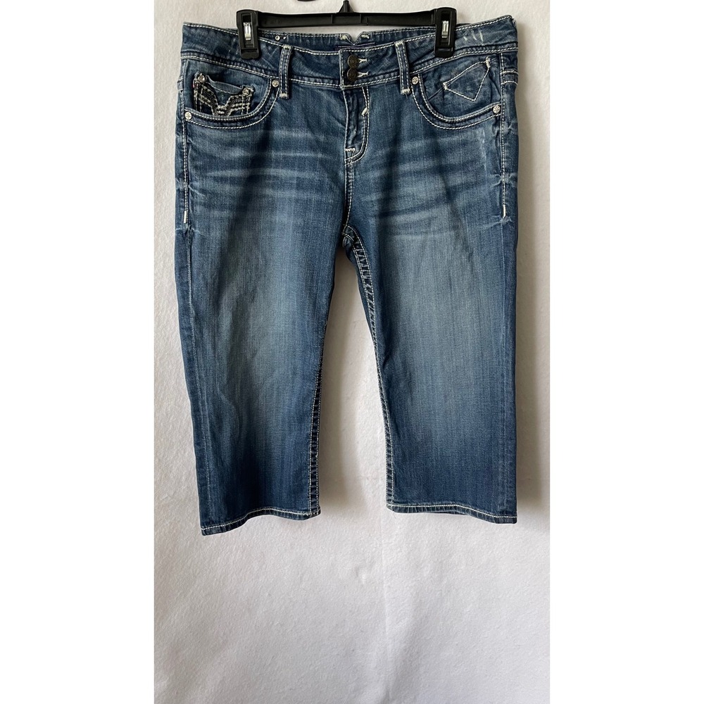 Vigoss Chelsea Capri Jeans Womens Size 15 Medium Wash Embroidered Pockets Blue